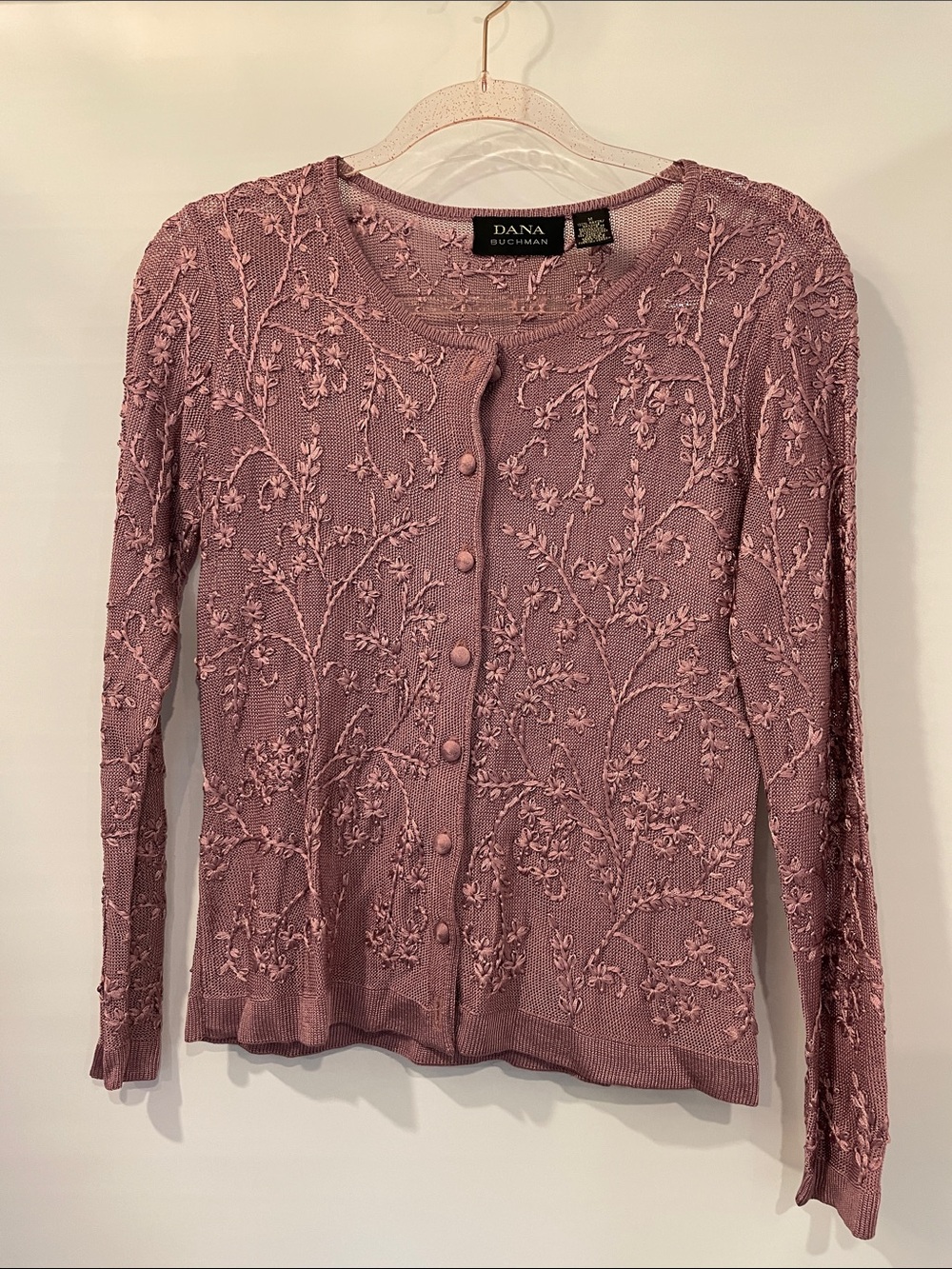 Dana Buchman Mauve Pink Embroidered Button-Front Cardigan
